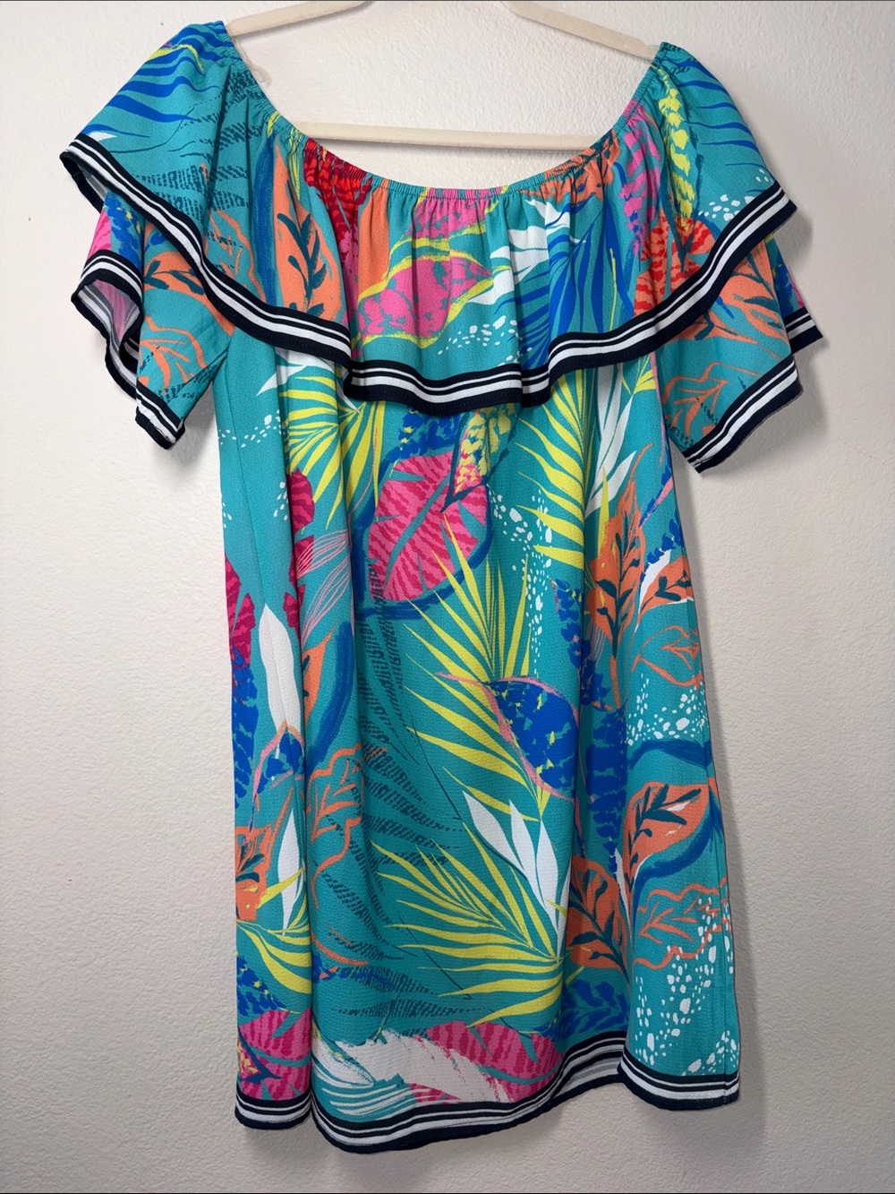 Flying Tomato Teal and Pink Ruffle-Trim Off-Shoulder Top